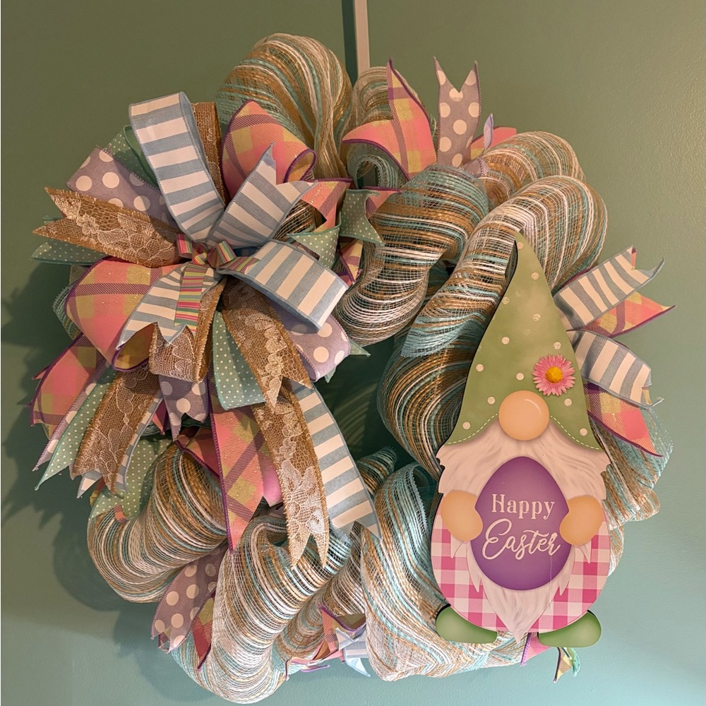 Easter Gnome Wreath with Pastel Ribbons